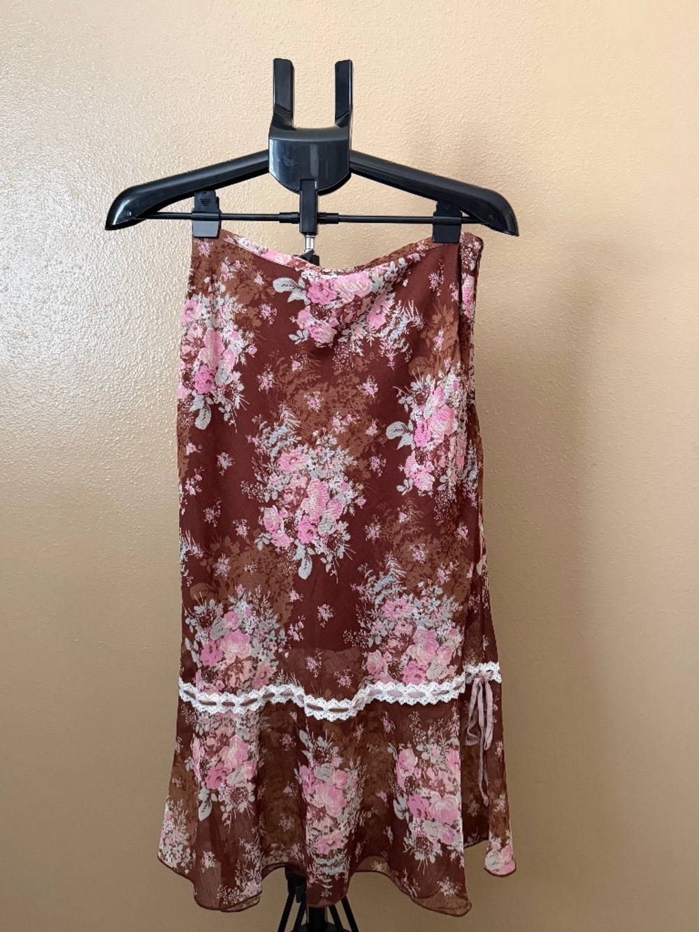 Free People Midi Skirt with Velvet Ribbon and Lace Detail